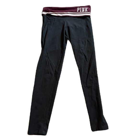PINK Victoria's Secret Pants - PINK Victoria's Secret Black Leggings Small Maroon Roll Over Yoga Pants Y2K